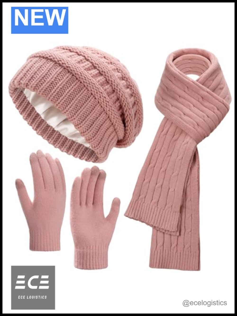 Satin Lined Slouchy Beanie Knit Scarf Touchscreen Gloves 3 Piece Winter Set
